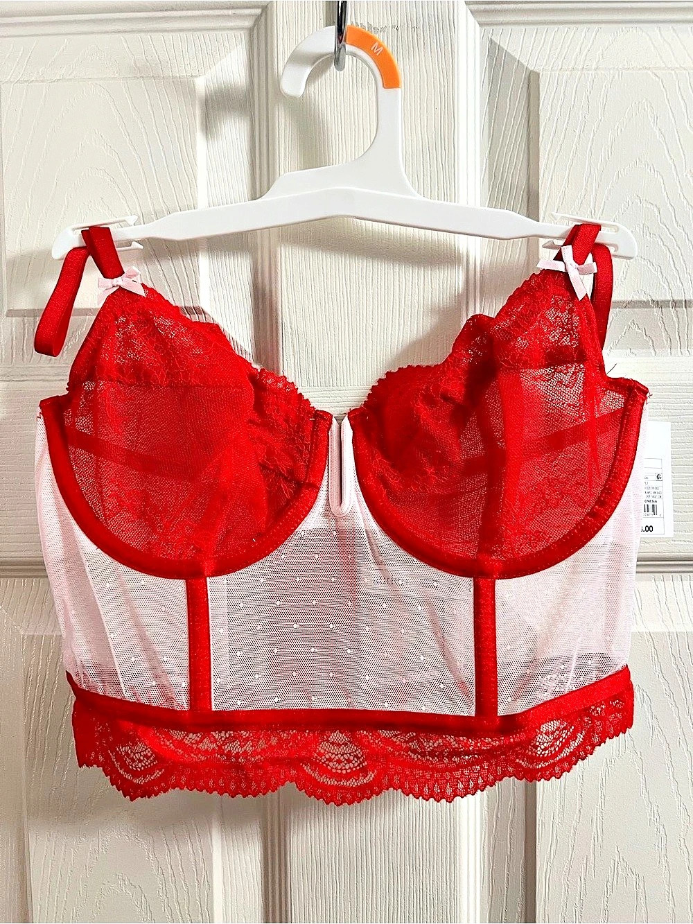 Auden Red Lace Mesh Corset Bustier Bra in Red & Pink Medium